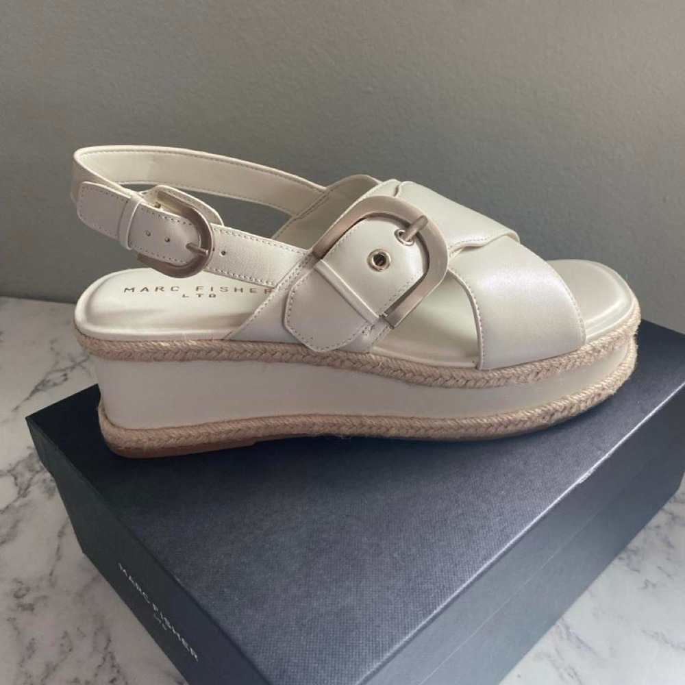 Marc Fisher LTD Women's Ivory Leather Wedge Sandals Slingback Buckle 10M